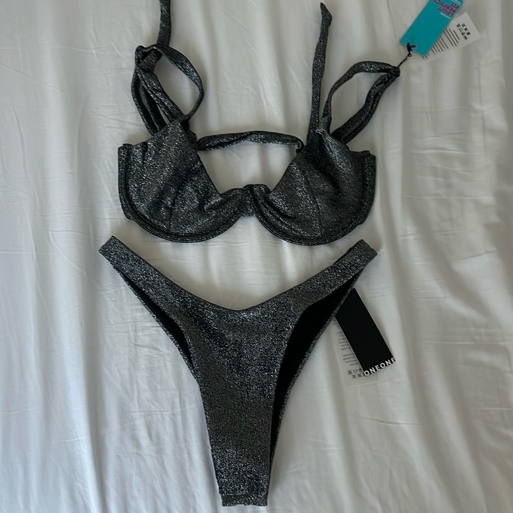 Brand new OneOne silver shimmer Brazilian high cut bikini bottom’s size Large